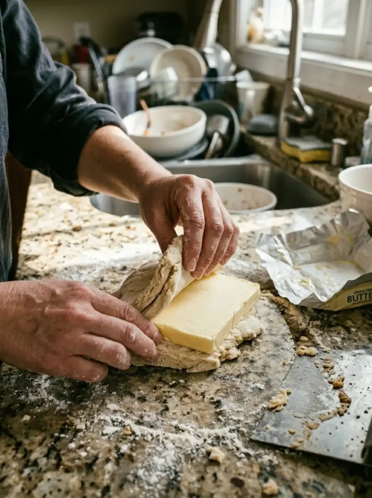 real hands folding croissant dough over cold butter block floured counter flour dust on fingers home kitchen