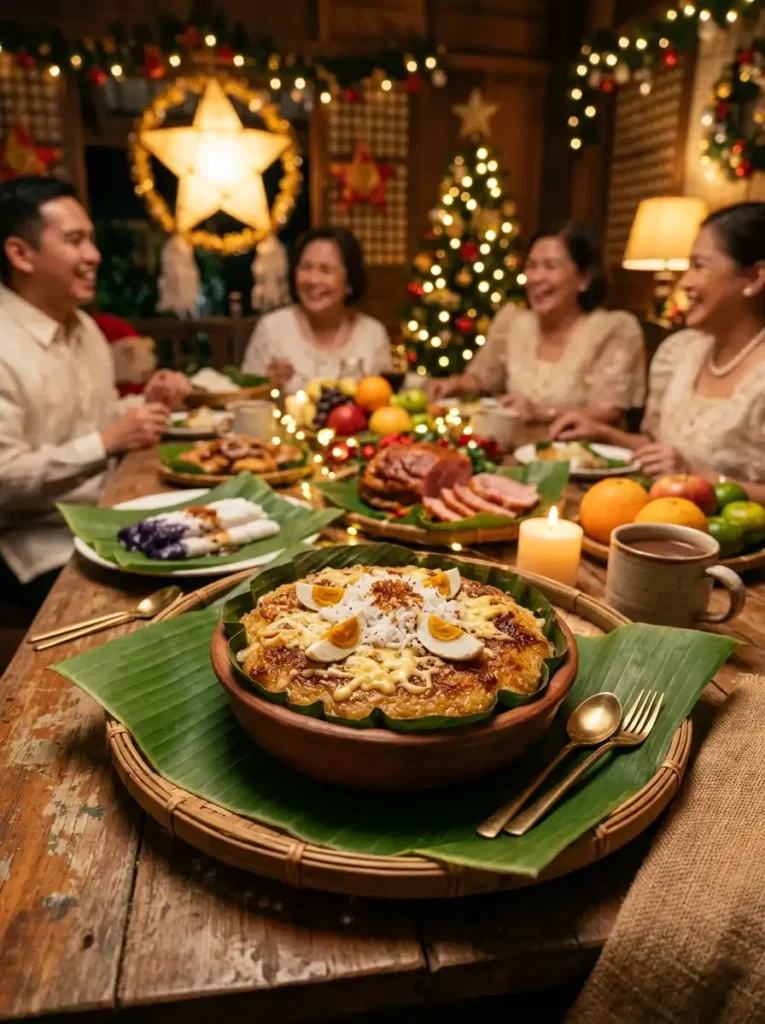 Traditional bibingka filipino dessert served on banana leaves