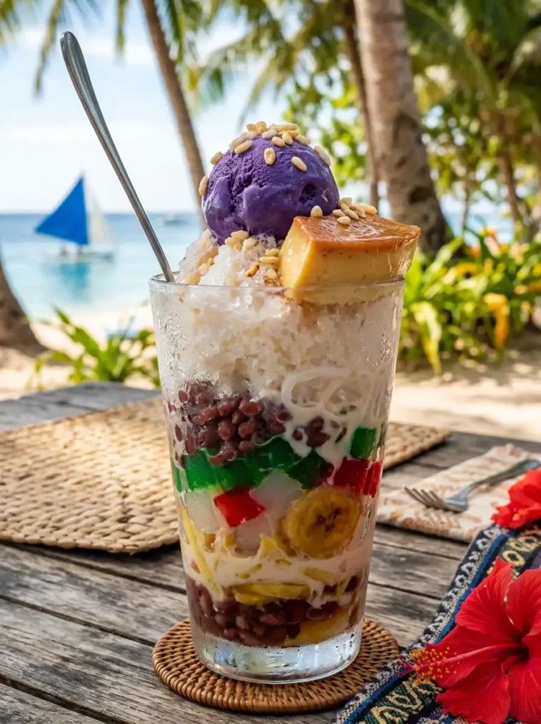 Traditional halo-halo filipino dessert with ube ice cream and shaved ice