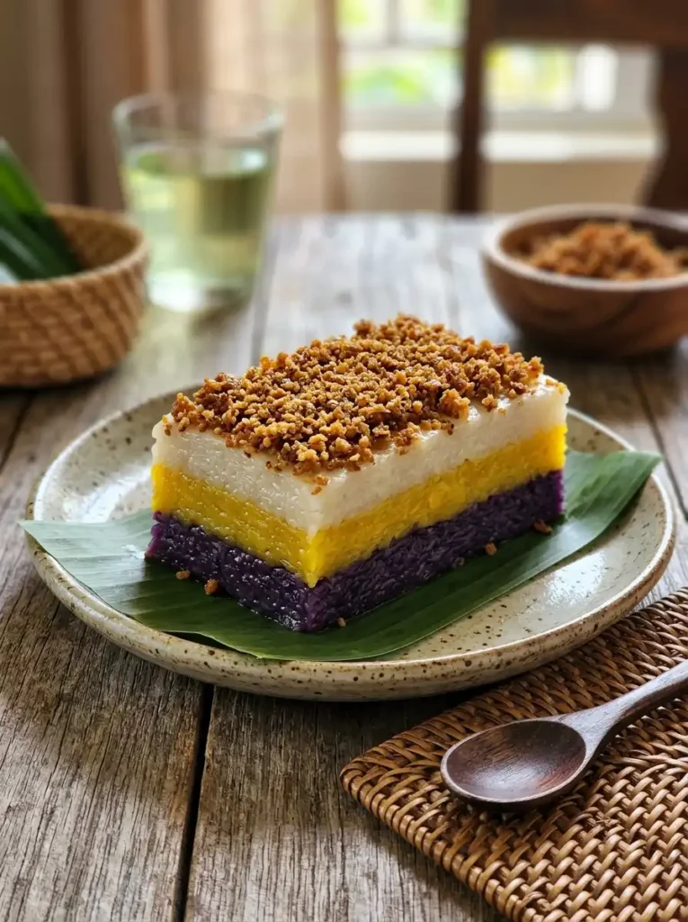 Layered sapin-sapin filipino dessert with ube and coconut