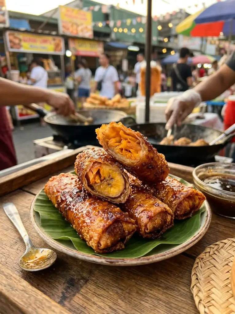 Crispy turon filipino dessert with caramelized banana filling