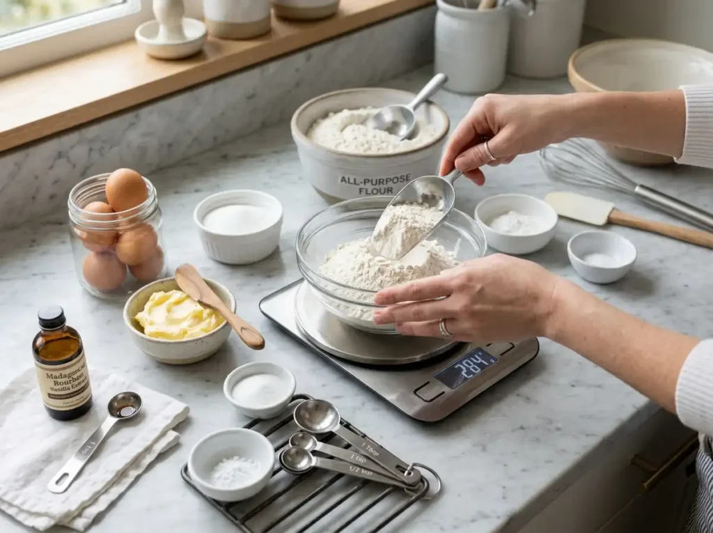 Baking preparation with digital scale, flour, butter, eggs and measuring tools on a marble counter