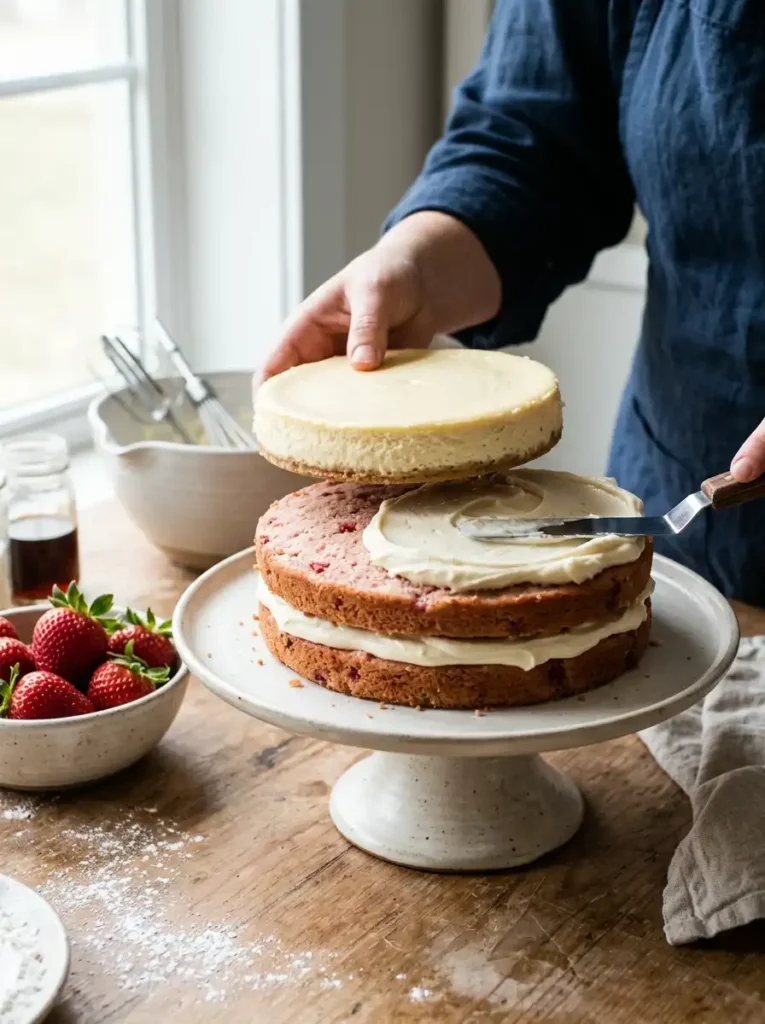 Assembling strawberry cake and cheesecake with frosting between layers on a cake stand