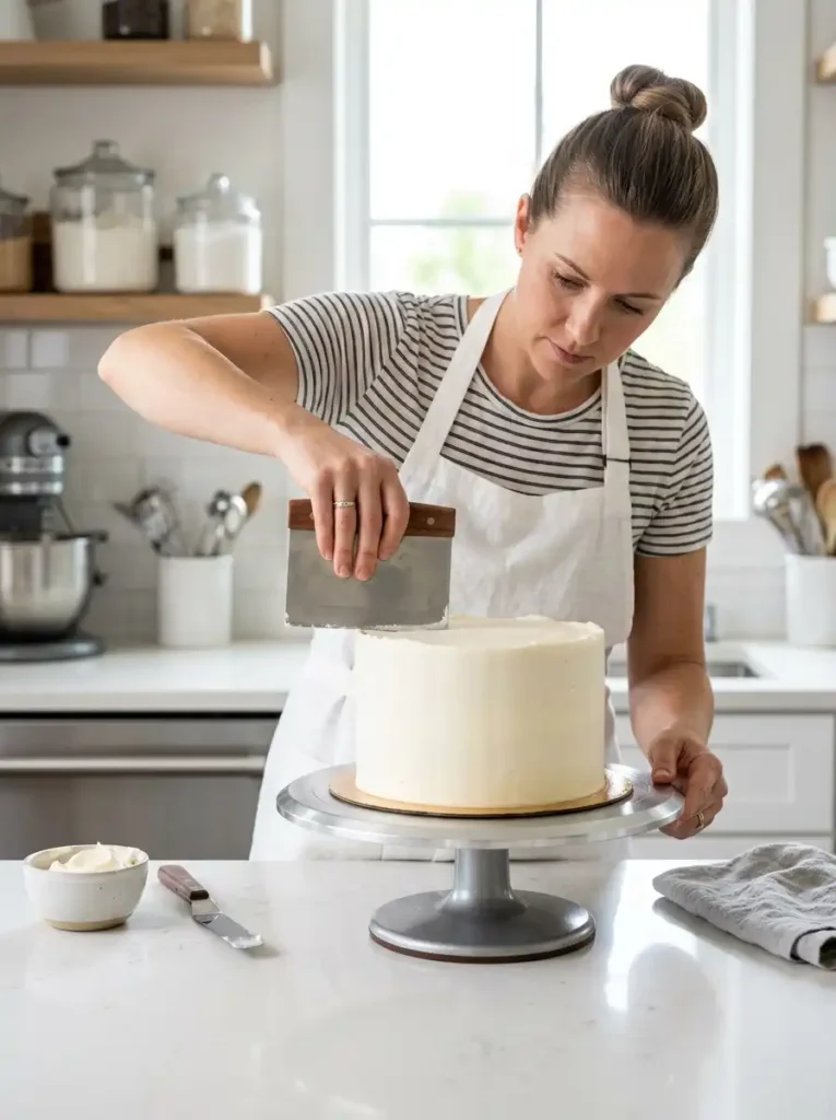 Smoothing the final coat of frosting on a cake