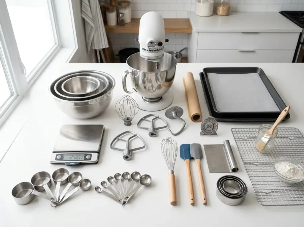 Essential baking equipment including scale, mixing bowls, measuring tools, stand mixer, and baking sheets