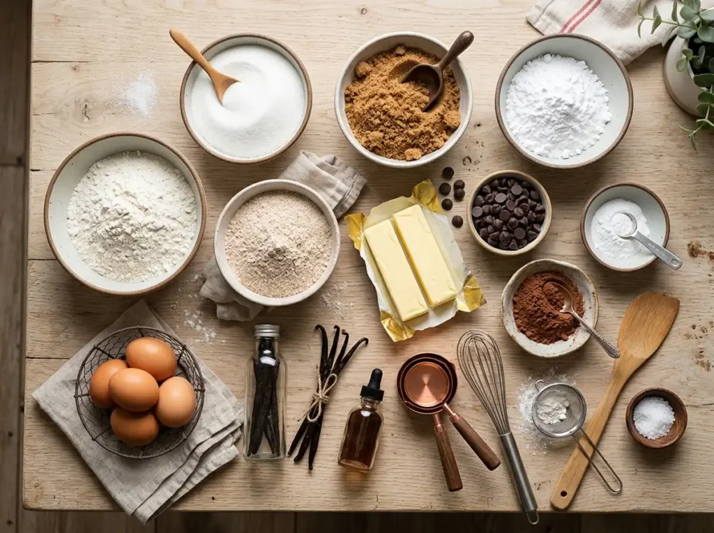 Essential baking ingredients including sugars, flours, butter, eggs, chocolate, and leavening agents