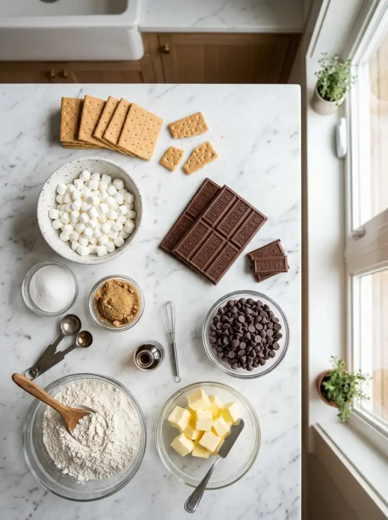 Essential baking ingredients for an easy smore cookie recipe including marshmallows, graham crackers, and Hershey chocolate