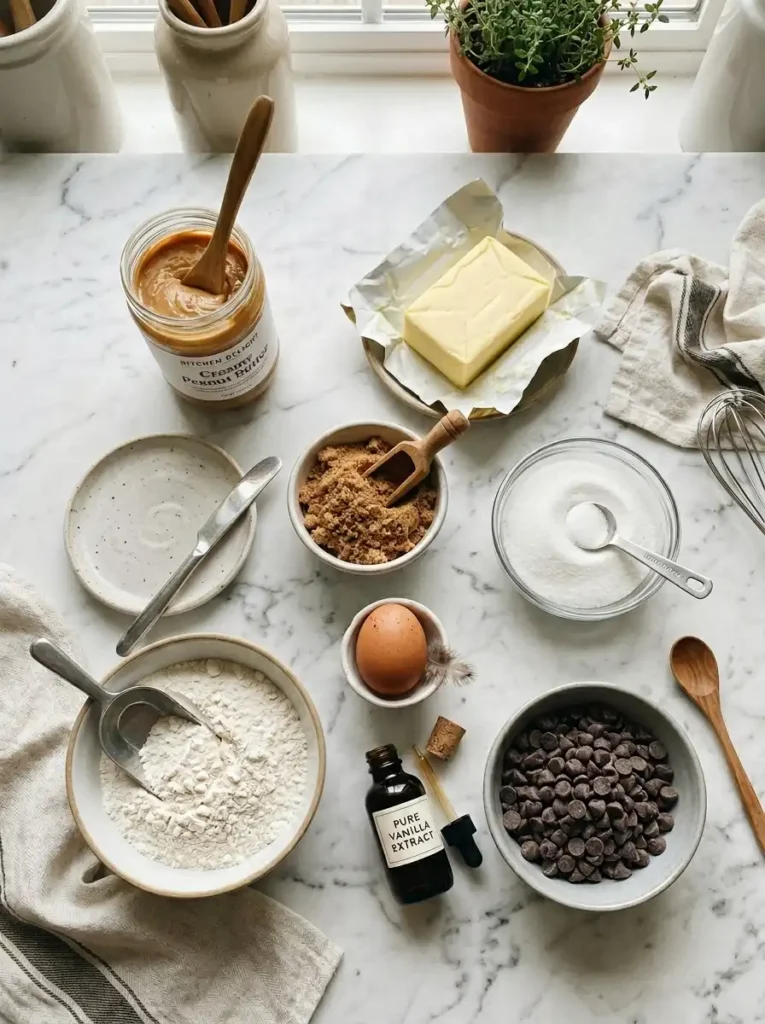 Ingredients for peanut butter chocolate chip cookie recipe arranged on a kitchen counter