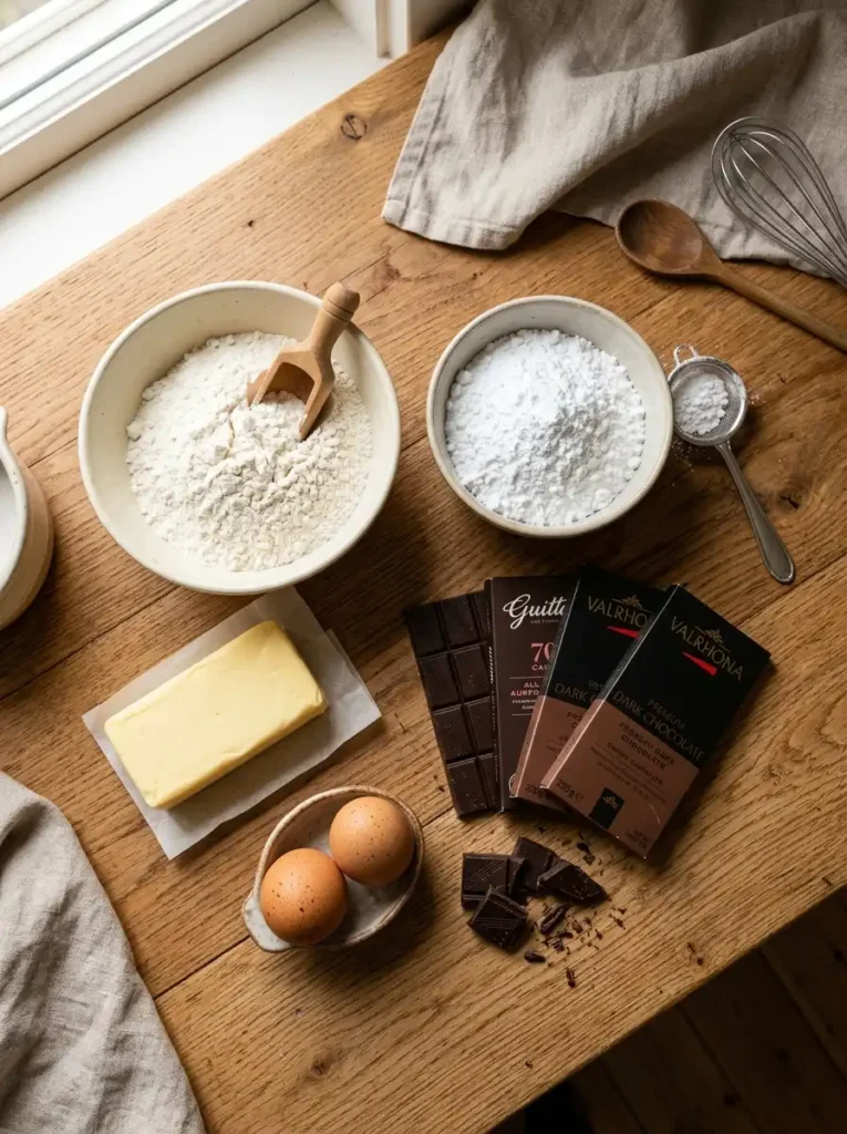 Ingredients for homemade milano cookies including flour, butter, eggs, and dark chocolate