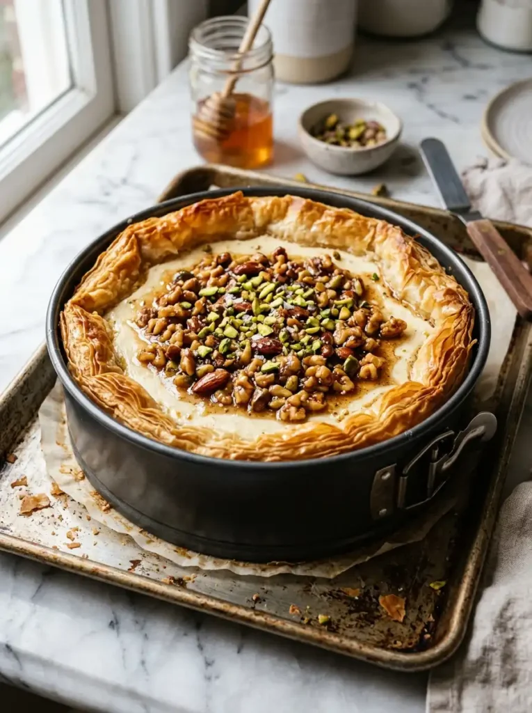 Freshly baked baklava cheesecake with golden crispy phyllo crust