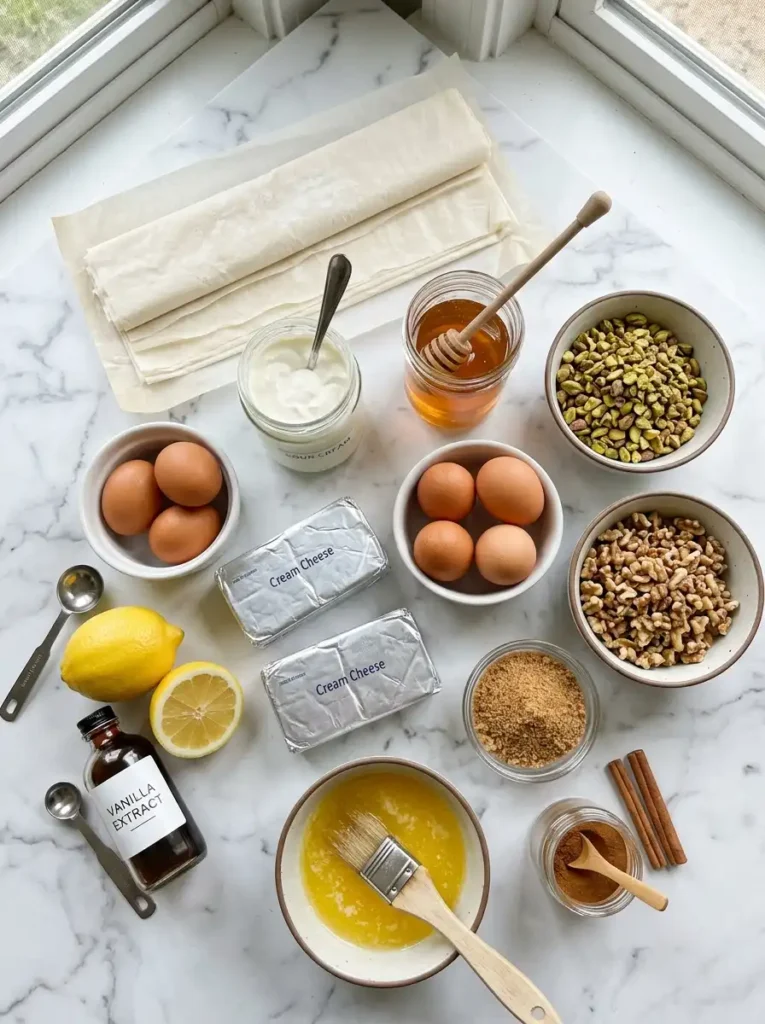 Ingredients for baklava cheesecake including phyllo dough, cream cheese, pistachios, walnuts, honey, and butter