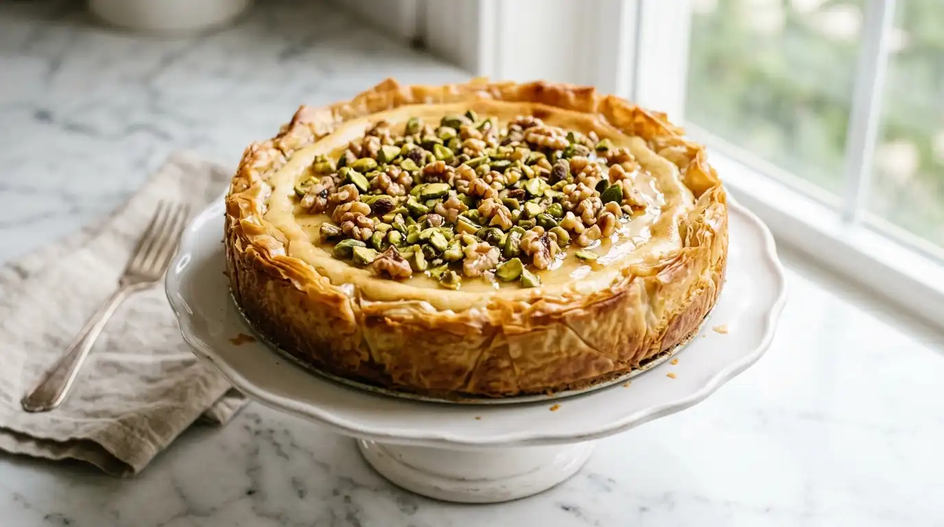 Baklava cheesecake with crispy phyllo crust, pistachios, walnuts, and honey drizzle
