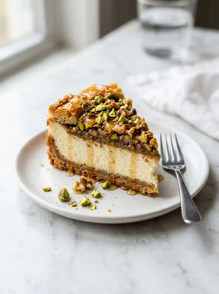 Slice of baklava cheesecake showing creamy filling and flaky phyllo layers