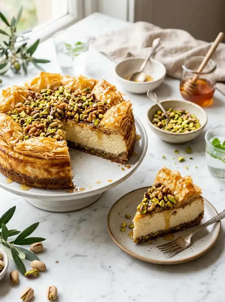 Vertical image of baklava cheesecake with sliced creamy center and pistachio topping
