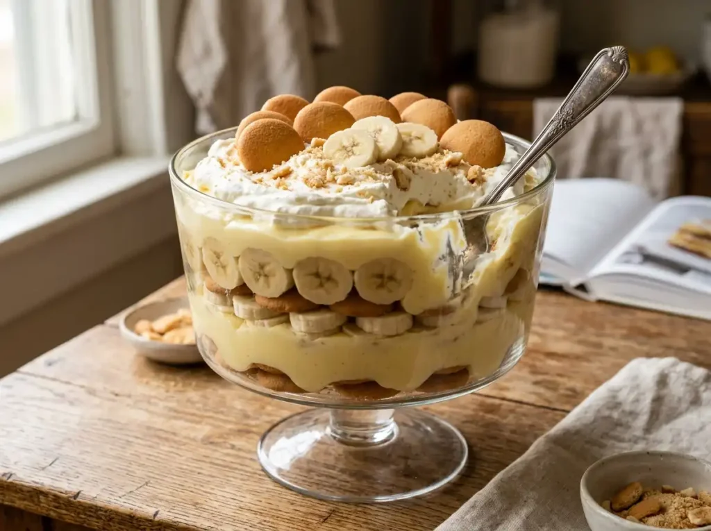 Magnolia Bakery banana pudding in a glass trifle bowl with vanilla wafers and fresh bananas