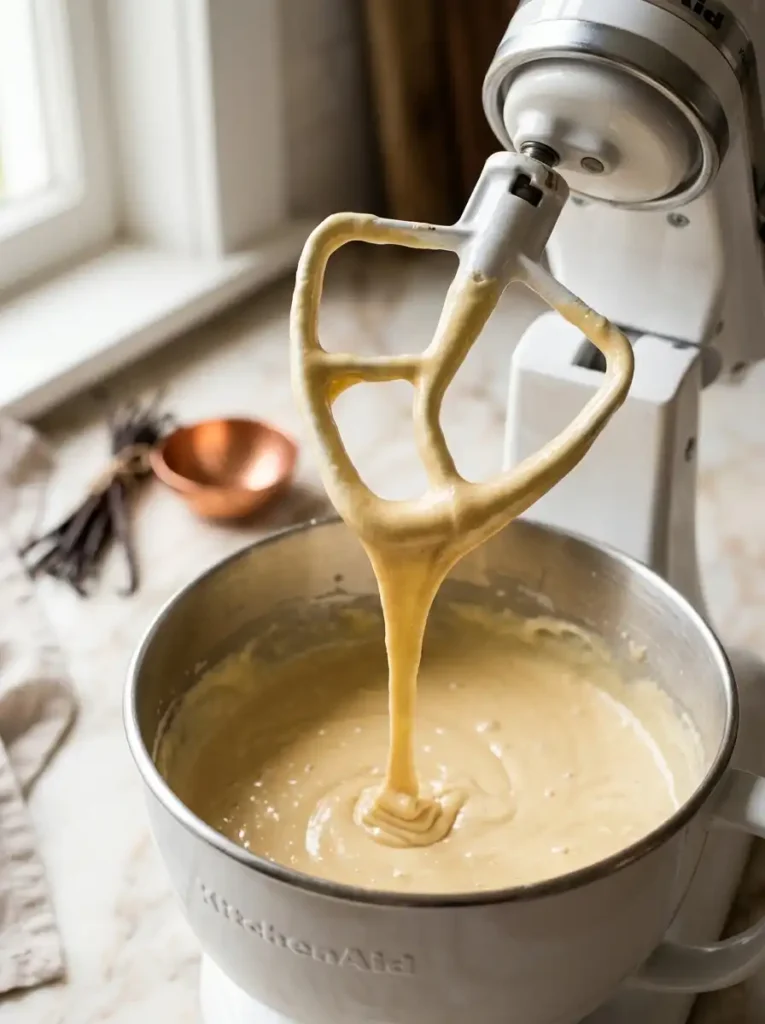 Mixing super moist French vanilla cake mix batter in a stand mixer with paddle attachment