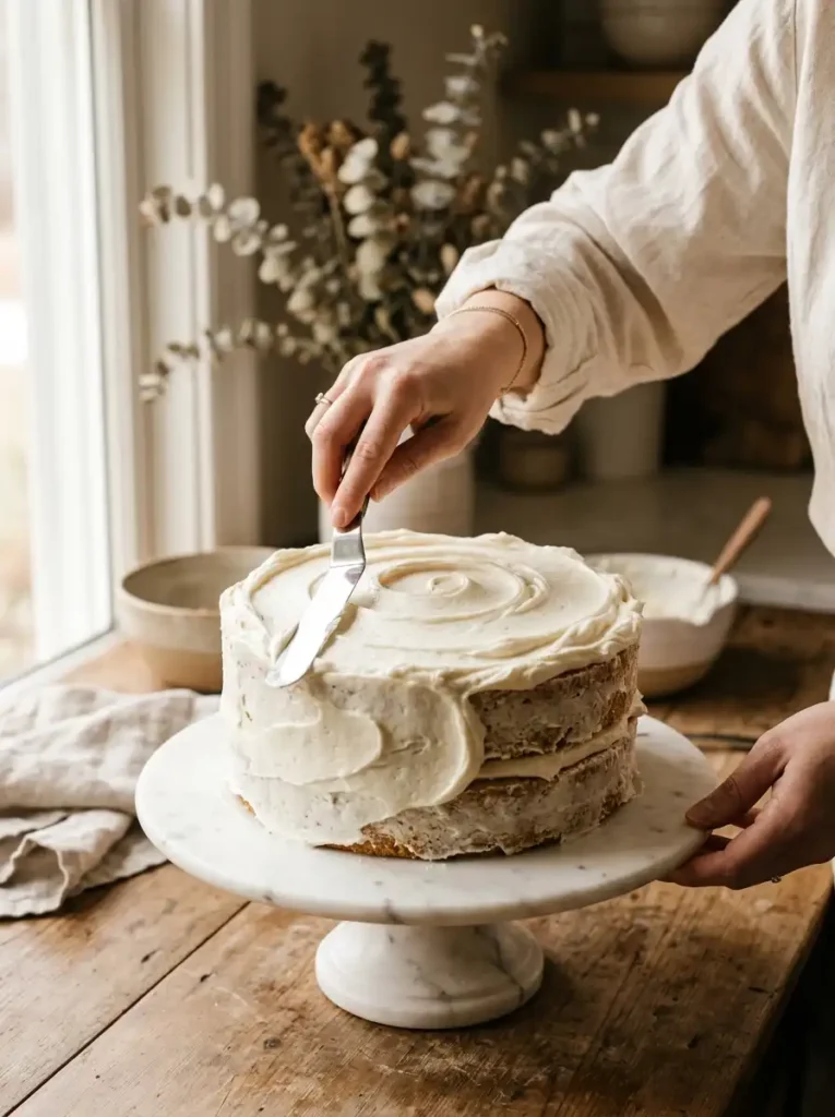 Frosting a super moist French vanilla cake with vanilla buttercream using an offset spatula