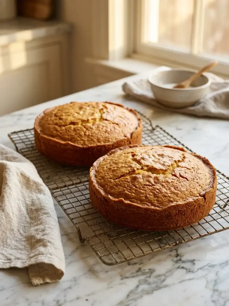 Two golden French vanilla cake layers baking in round pans, just out of the oven cooling on wire rack
