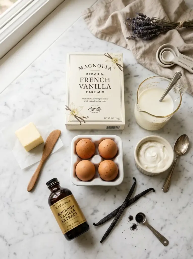 Overhead flat-lay of French vanilla cake mix ingredients: yellow cake mix box, eggs, butter, buttermilk, sour cream, vanilla on marble counter