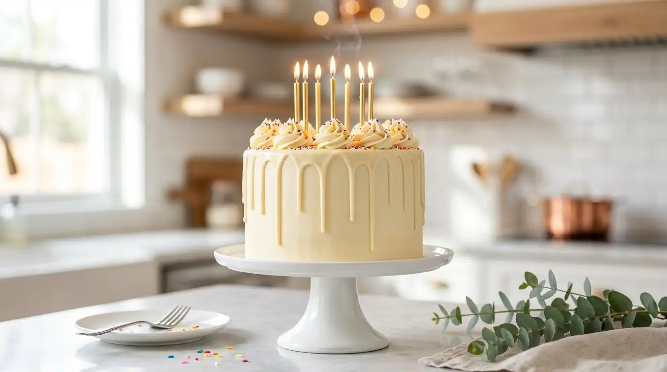 homemade birthday cake with vanilla buttercream drip rosettes rainbow sprinkles and gold candles