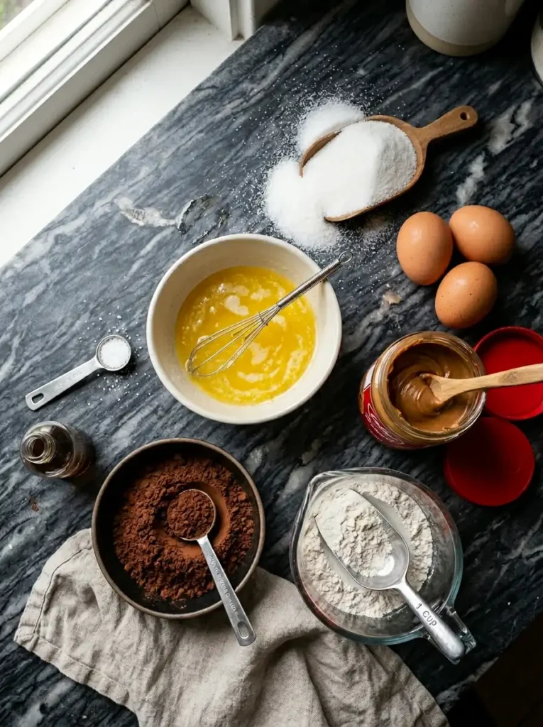 biscoff brownies ingredients flat lay lotus biscoff spread cocoa powder eggs
