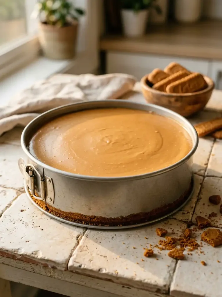 Stiff peaks of freshly whipped heavy cream in a glass bowl ready to fold into biscoff cheesecake filling