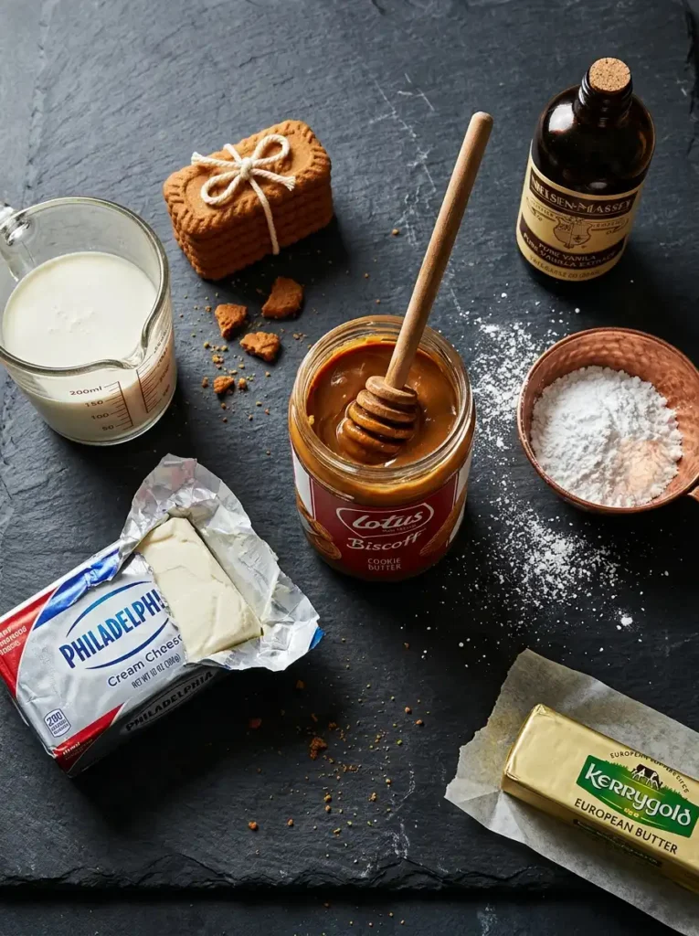 Artistic flat lay of biscoff cheesecake ingredients on dark slate including cream cheese, mascarpone, Lotus cookies, and cookie butter