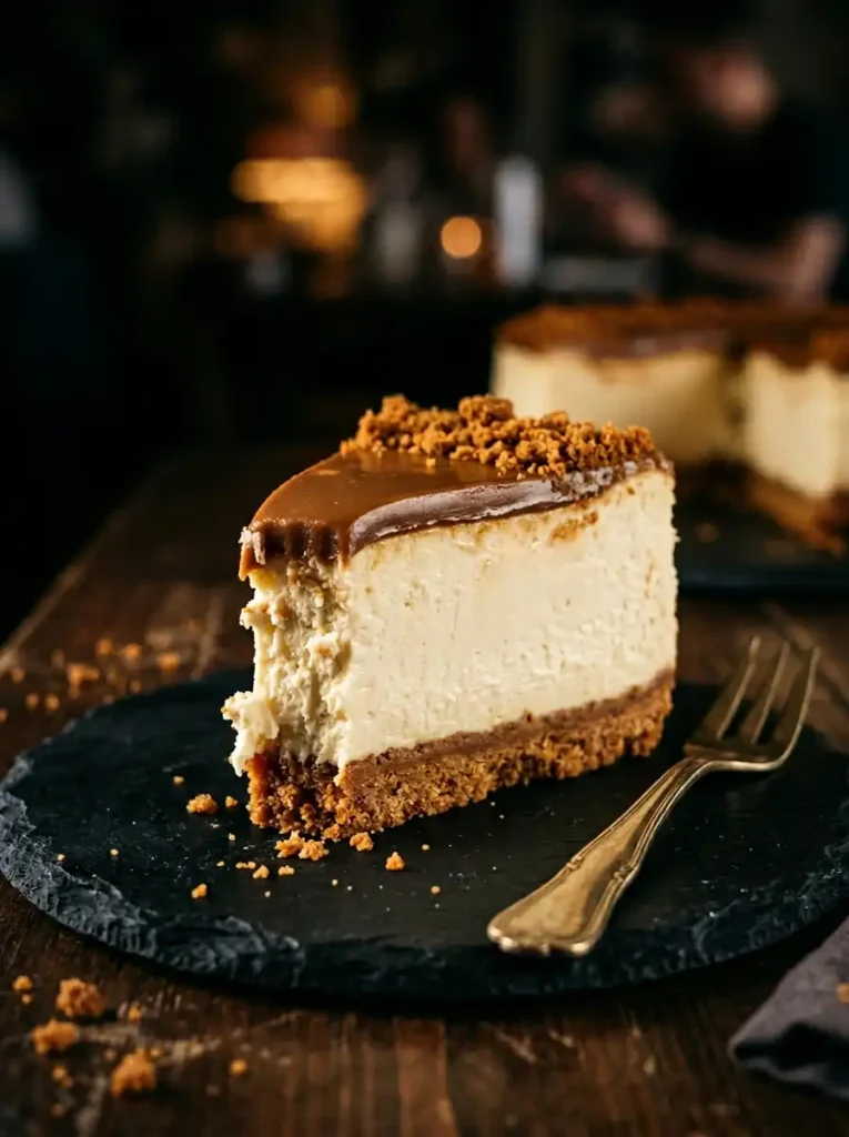 Tall slice of biscoff cheesecake no bake on black slate showing distinct Lotus cookie crust, creamy filling, and glossy cookie butter glaze layers