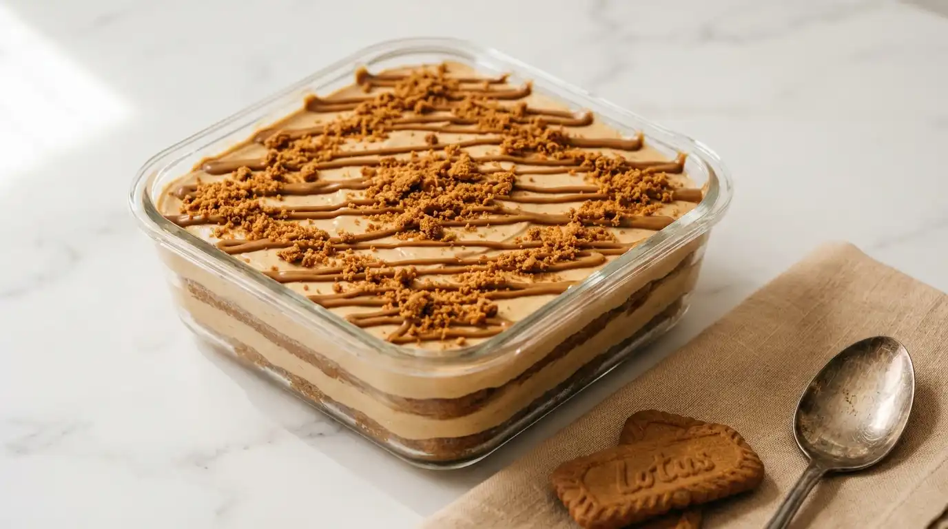 Biscoff tiramisu in glass dish with creamy mascarpone layers, Lotus cookies, and cookie butter drizzle topping