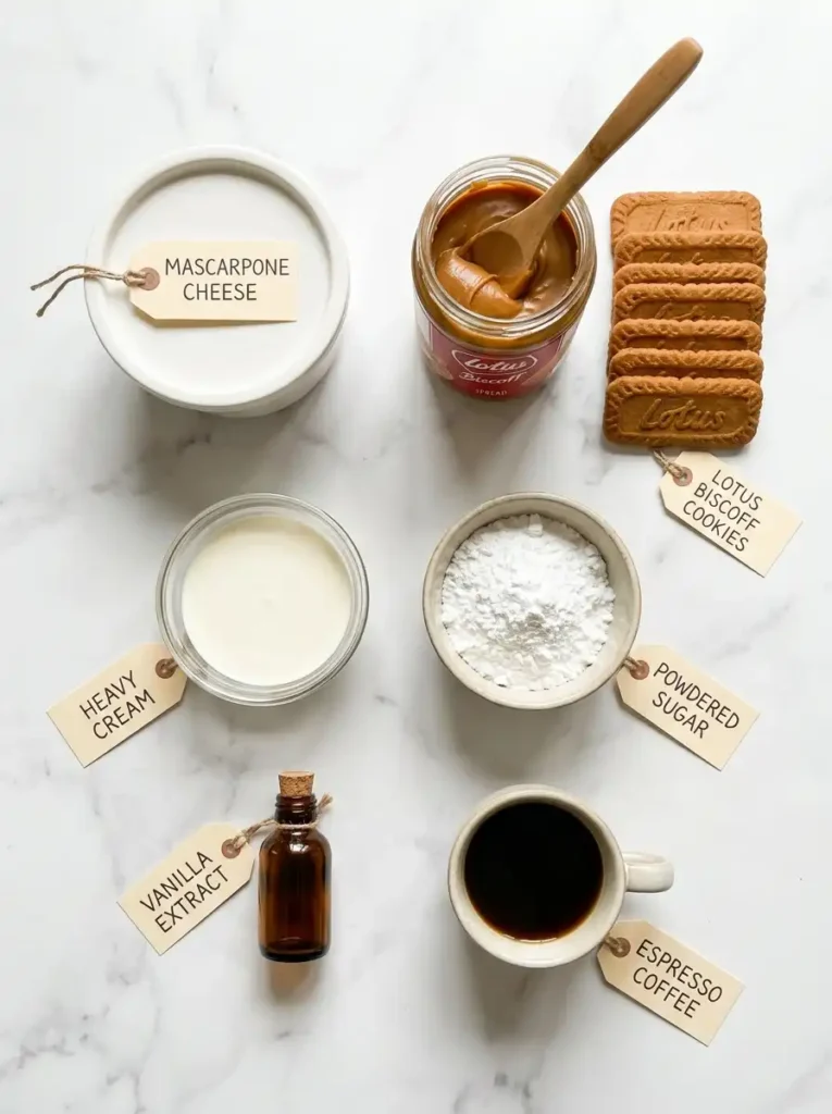 Biscoff tiramisu ingredients flat lay including mascarpone cheese, Lotus Biscoff cookies, cookie butter spread, heavy cream, and espresso