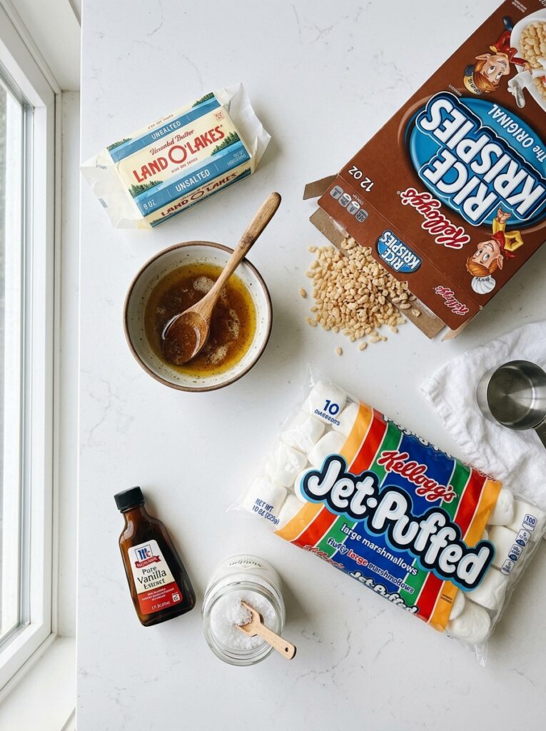 Ingredients for brown butter rice krispie treats flat lay