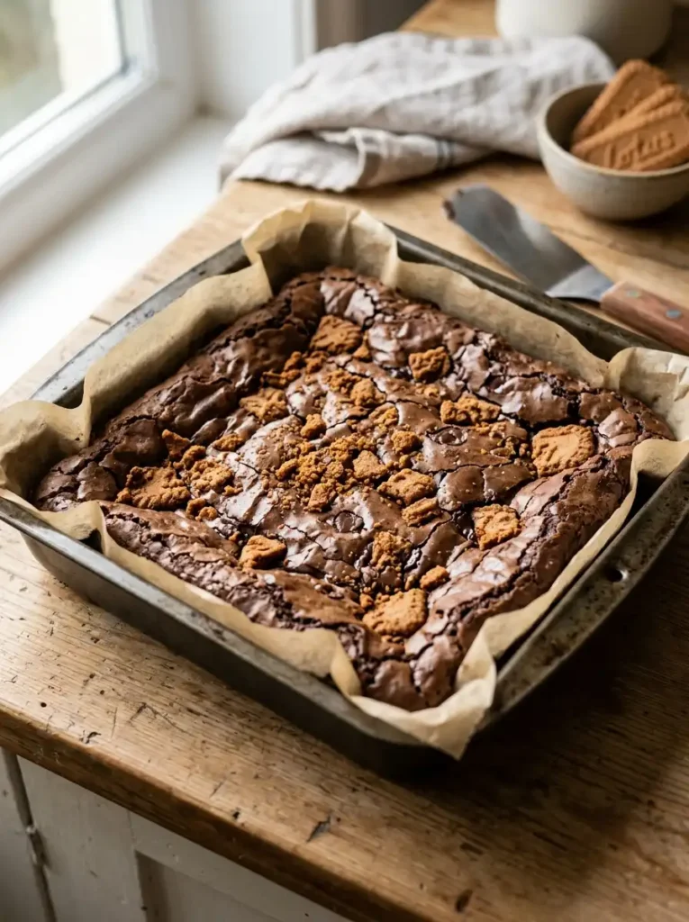 freshly baked biscoff brownies in pan with crushed lotus cookies on top