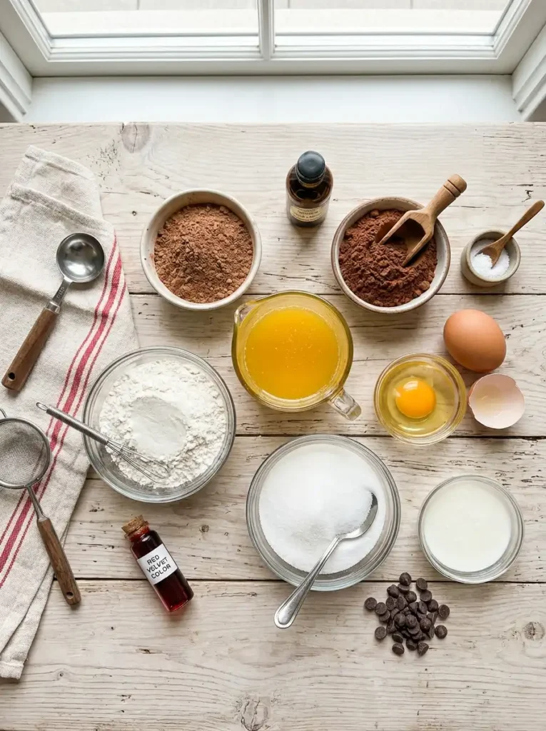 Ingredients for red velvet brownies recipe laid out on table