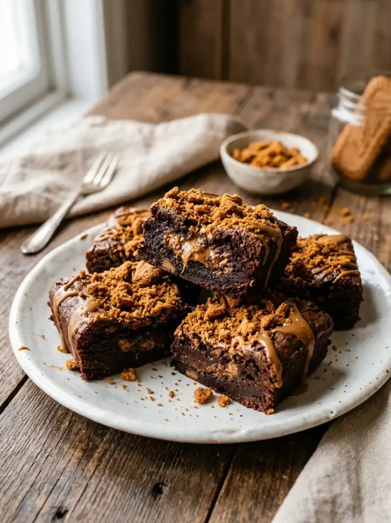 sliced fudgy biscoff brownies showing gooey center with biscoff swirl