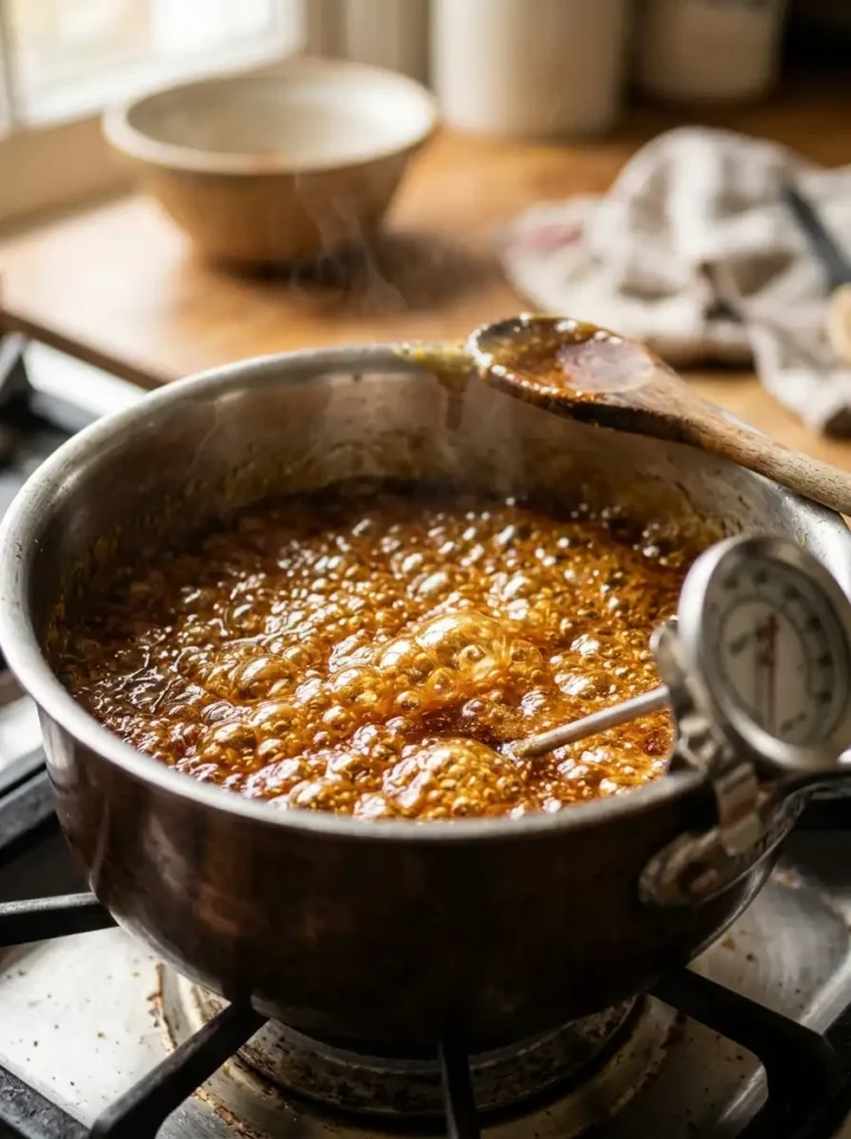 toffee cooked to hard crack stage with candy thermometer