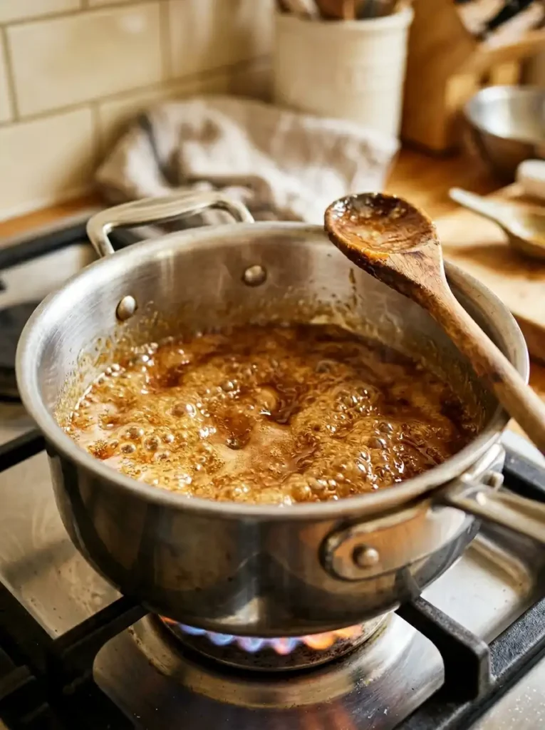 brown sugar toffee mixture cooking in a saucepan