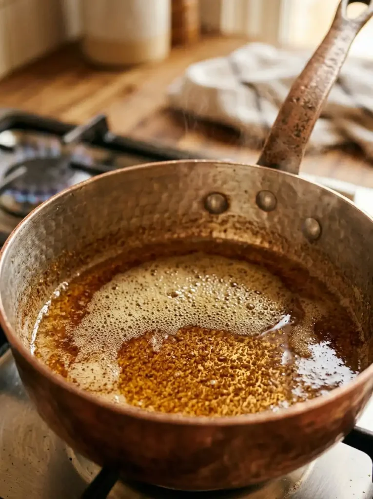 Browning butter in copper saucepan for recipe