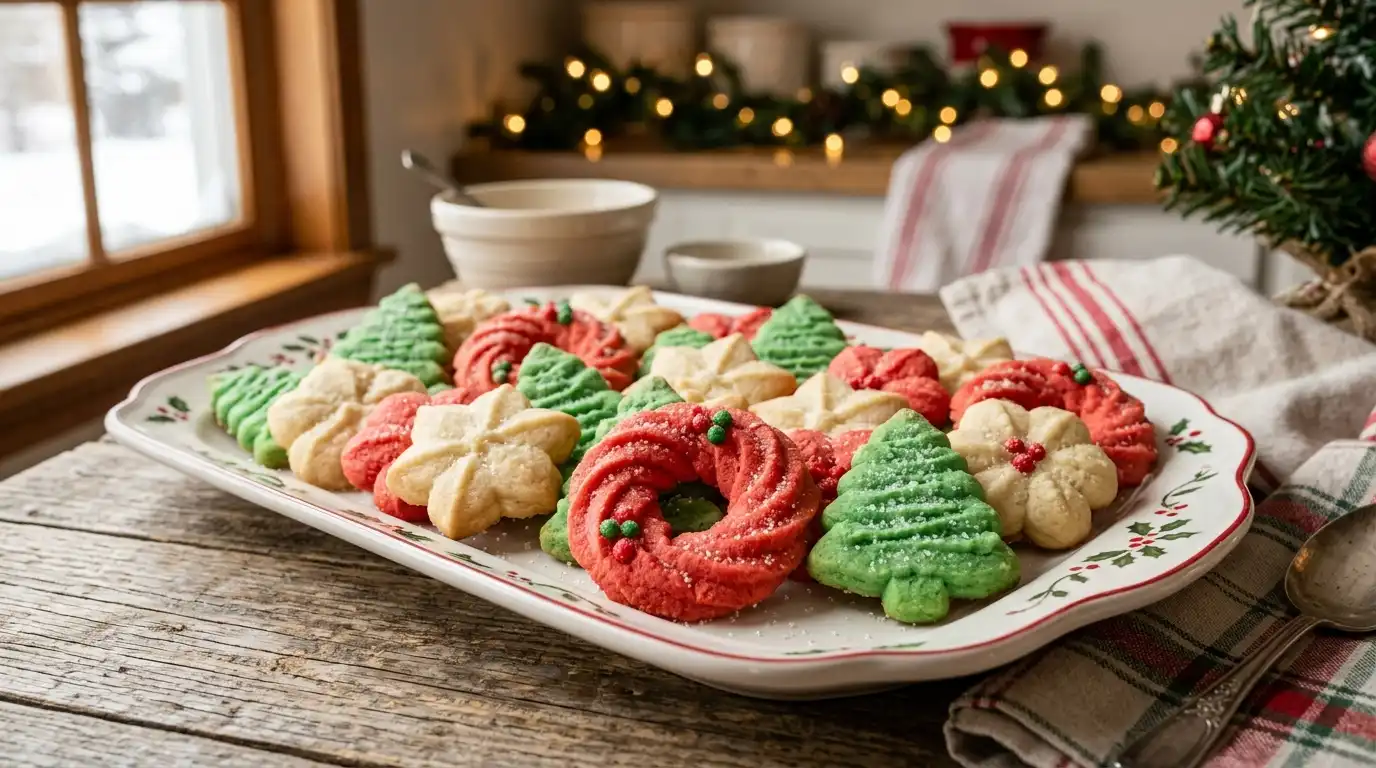 Spritz cookie recipe with buttery cookie press cookies on a Christmas tray