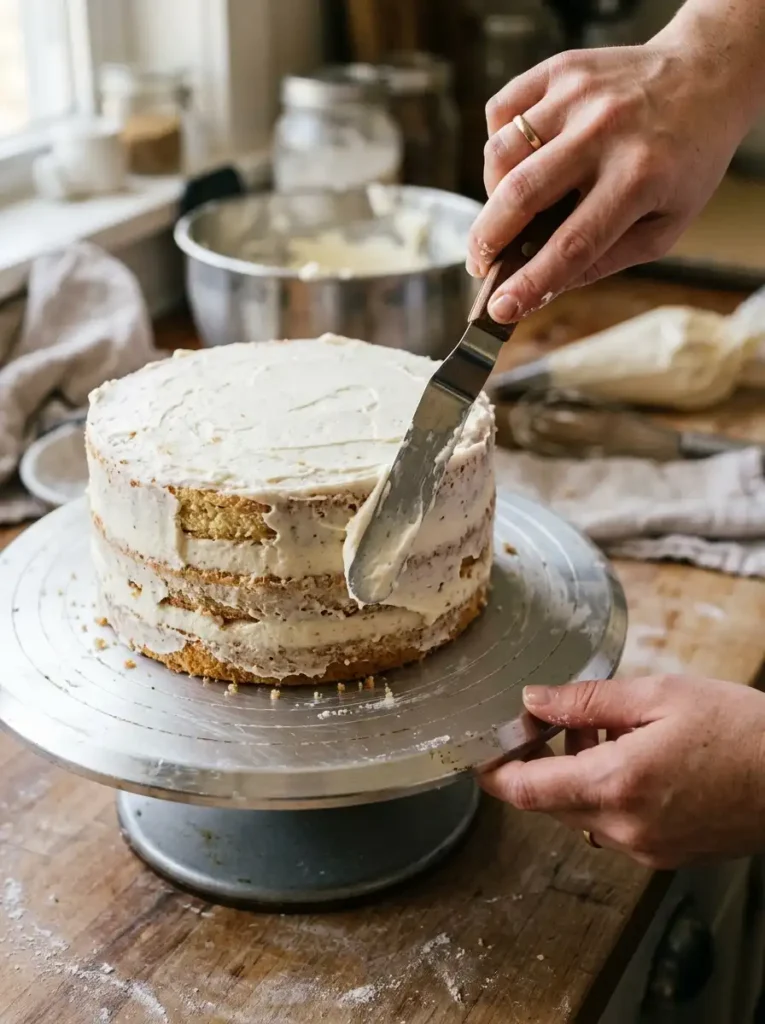 Applying a crumb coat when frosting a cake