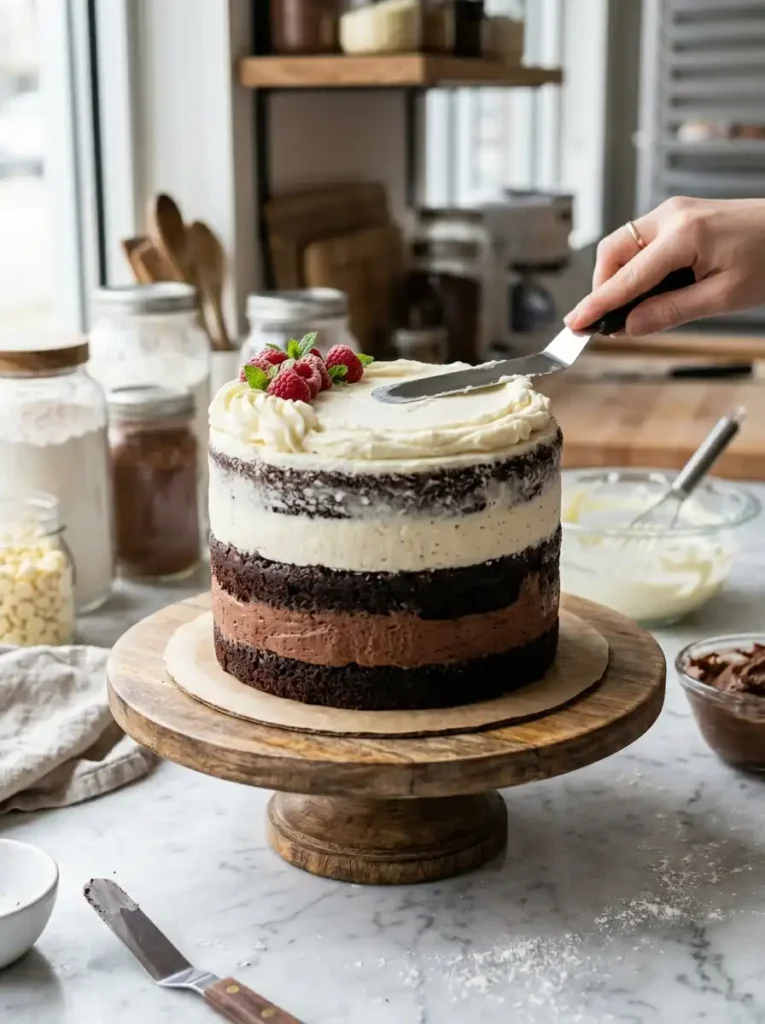 Tuxedo cake assembly showing chocolate layers stacked with white and dark chocolate mousse filling