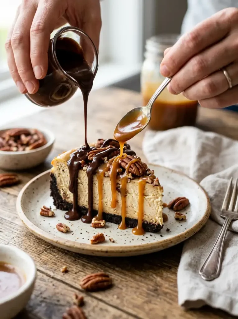 Caramel sauce and chocolate drizzle being added to turtle cheesecake with toasted pecans