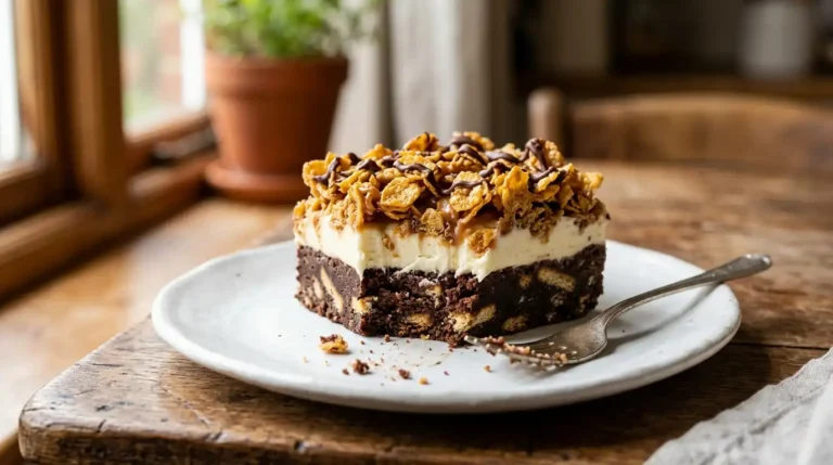 "Lazy cat cake recipe sliced showing chocolate biscuit base, cream cheese frosting, and crunchy cereal topping on white plate"
