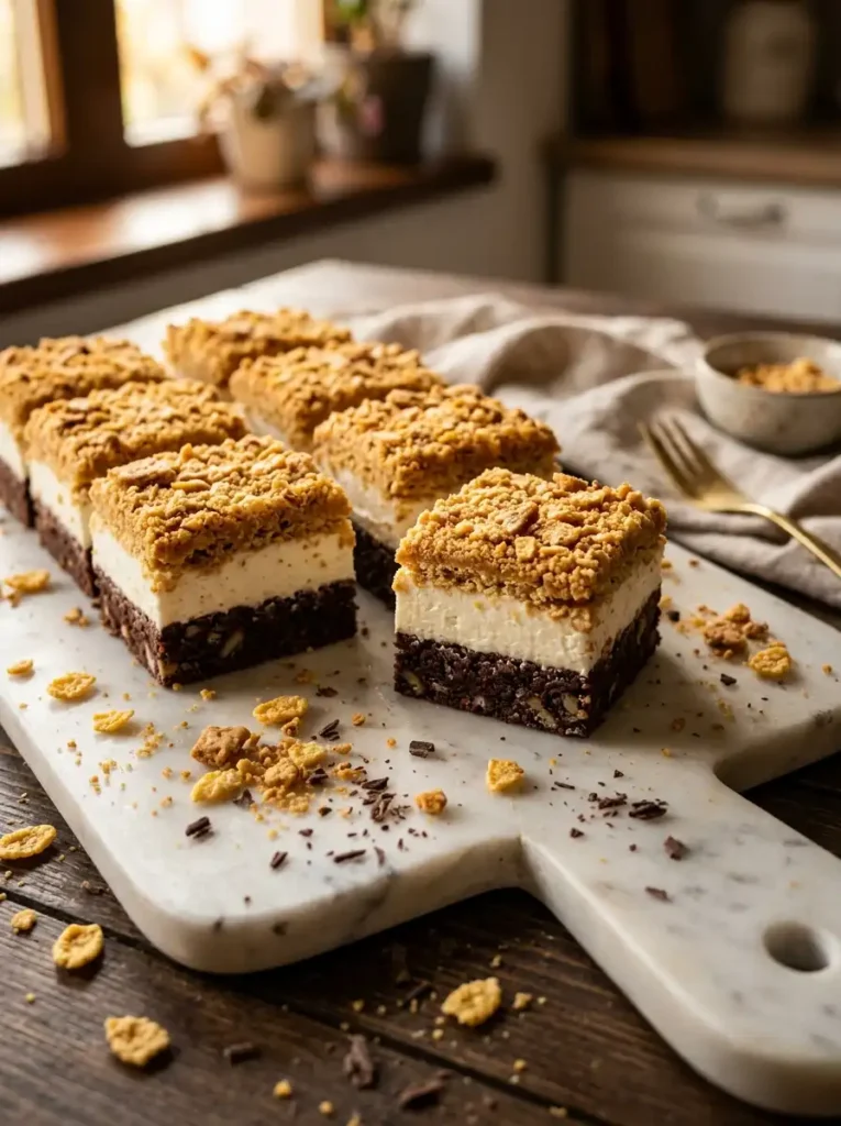 "Square slices of lazy cat cake recipe showing clean three layers on marble board with crumbs scattered"