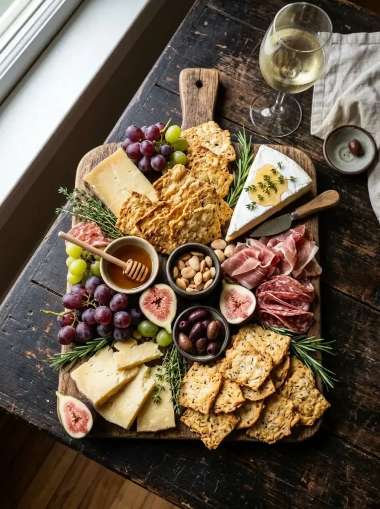 Sourdough discard crackers on a charcuterie board with cheese, prosciutto, grapes, figs, and honey
