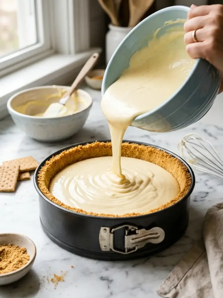 Baked graham cracker crust for cheesecake being filled with creamy batter