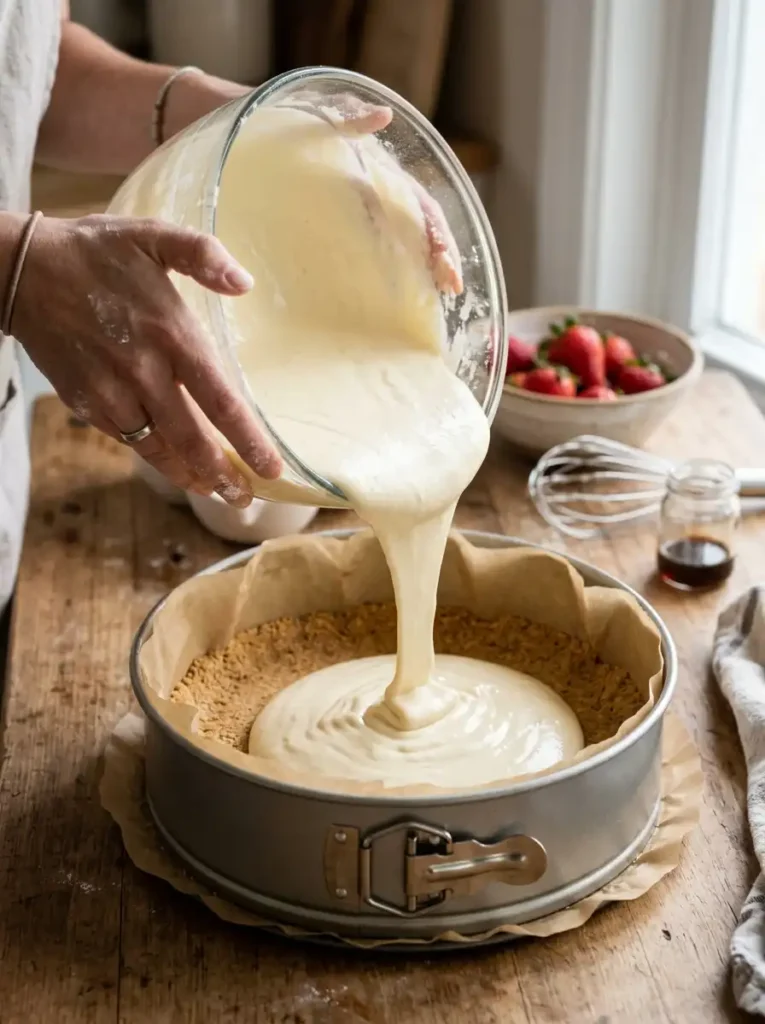Creamy cheesecake batter being poured into a springform pan for strawberry cake and cheesecake