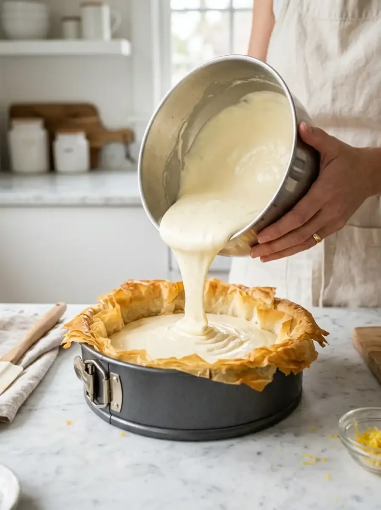 Creamy cheesecake filling poured into phyllo crust for baklava cheesecake