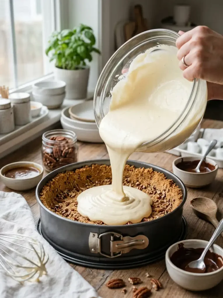 Creamy turtle cheesecake filling poured into crust before baking