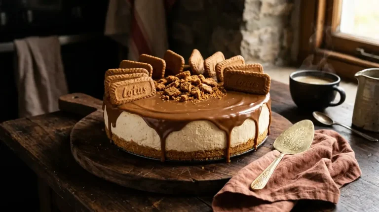 Whole biscoff cheesecake no bake with mirror glaze topping, Lotus cookies, and golden cake server on dark wood board