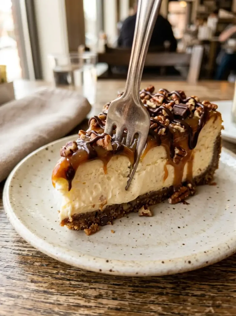 Close-up slice of turtle cheesecake with caramel, chocolate, and pecans on a dessert plate